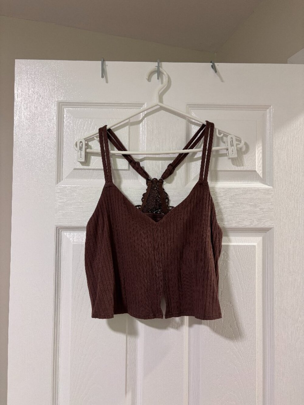 Ribbed Brown Tank Top with Built-In Bra | Brown Racerback Top (XL)